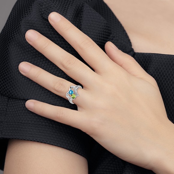 Sterling Silver Blue Topaz Peridot August Birthstone Diamond Ring (Size 7)